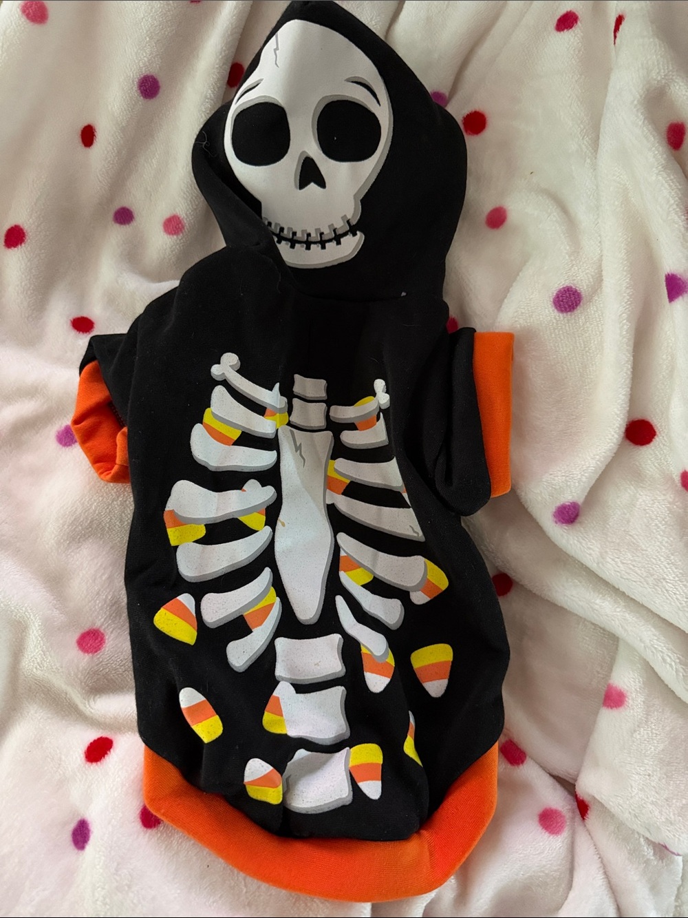 Dog Black & Orange Skeleton Hoodie Costume with Candy Corn Print size M